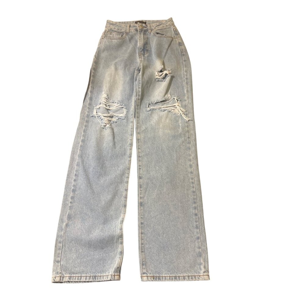 Shein Light Wash Distressed Ripped High Waisted Straight Leg Jeans Holes Size 0